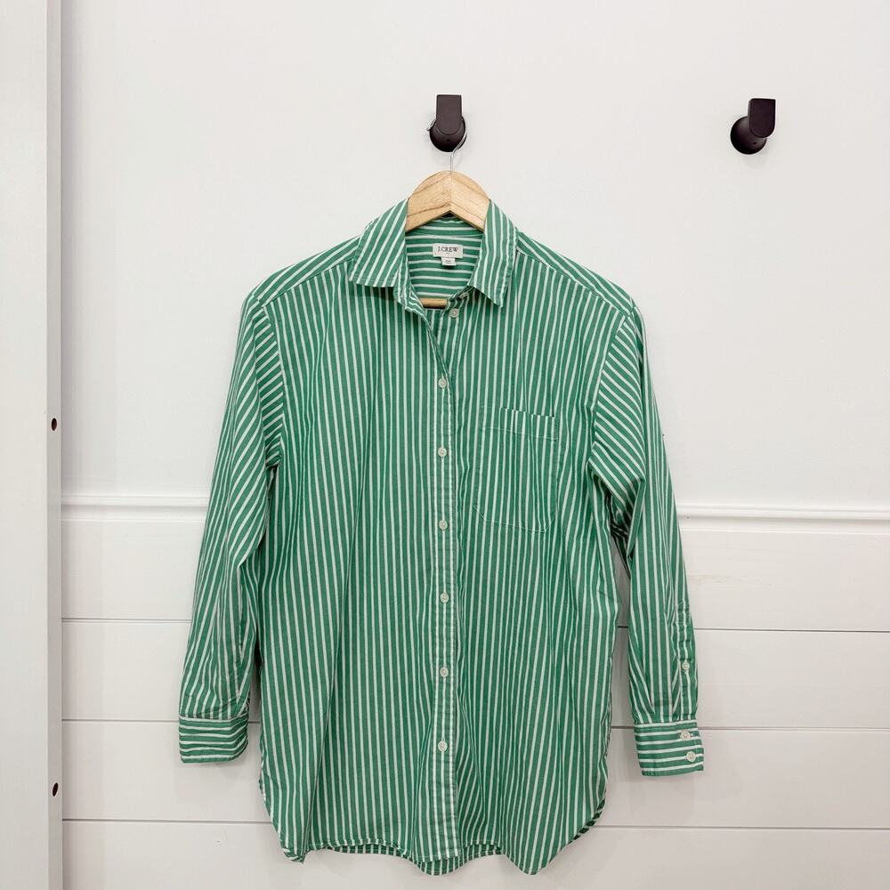 Women’s J. Crew Relaxed Button Up Shirt Green White Stripe Size XS